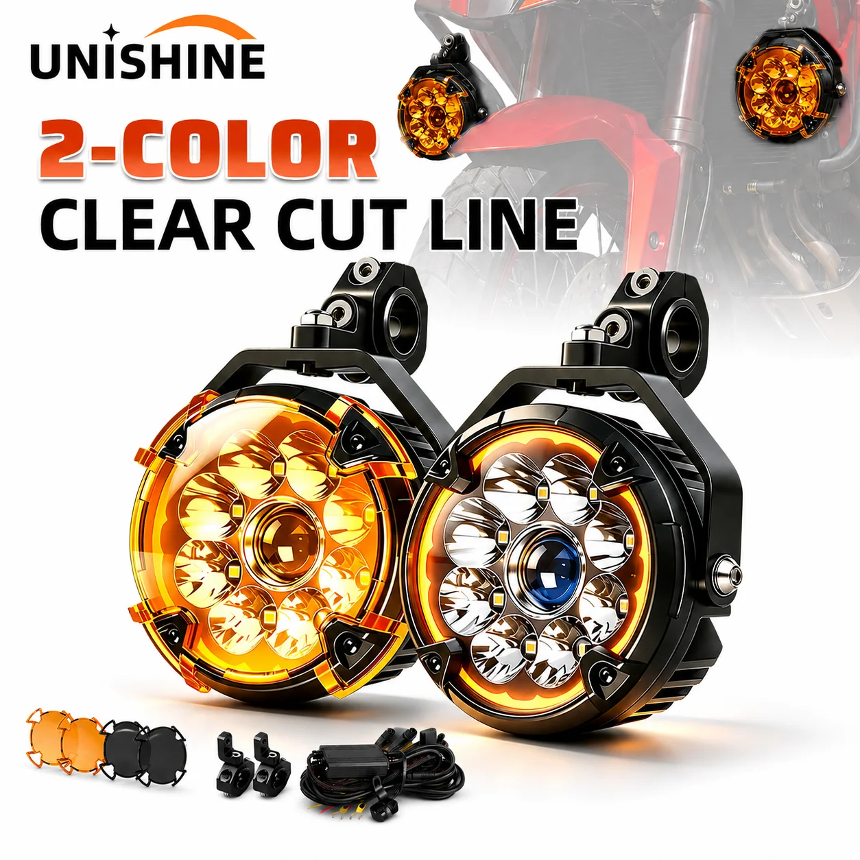 UNISHINE 6 Zoll 2-Farben Motorrad LED-Scheinwerfer Hi/Lo Kombinationsstrahl Amber DRL Zusatzlicht Dimmer-Schalter für Offroad-Nutzung für Harley ATV