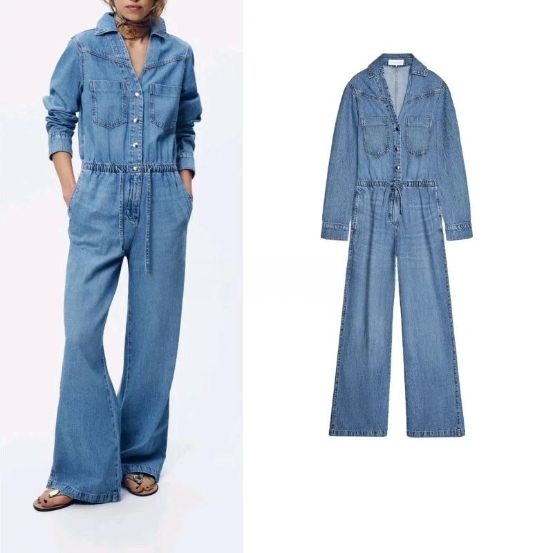 Estate nuove donne lunghe colletto Sve ket dettaglio gamba larga vita regolabile tuta di jeans vita alta pantaloni lunghi poliestere...