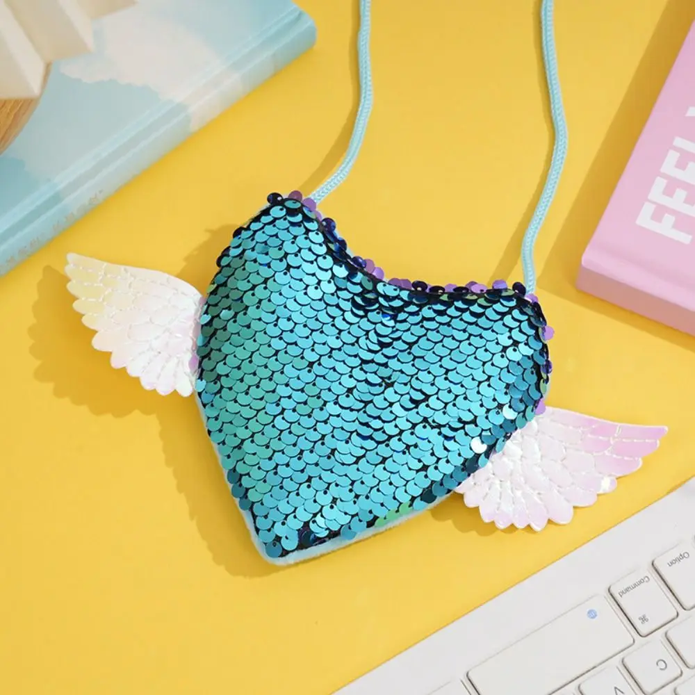 Sequin Sequin Heart Purse Wing Detail Heart Shape Crossbody Coin Bag Adjustable Strap Drawstring Kids Shoulder Bag For Girls