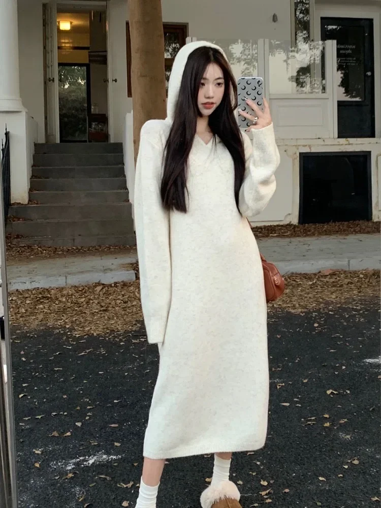 Women's Dress 100% Merino Wool Pullover Sweater Autumn Winter Clothes Hooded V-Neck Knit Straight Maxi Skirt Casual Long Dress