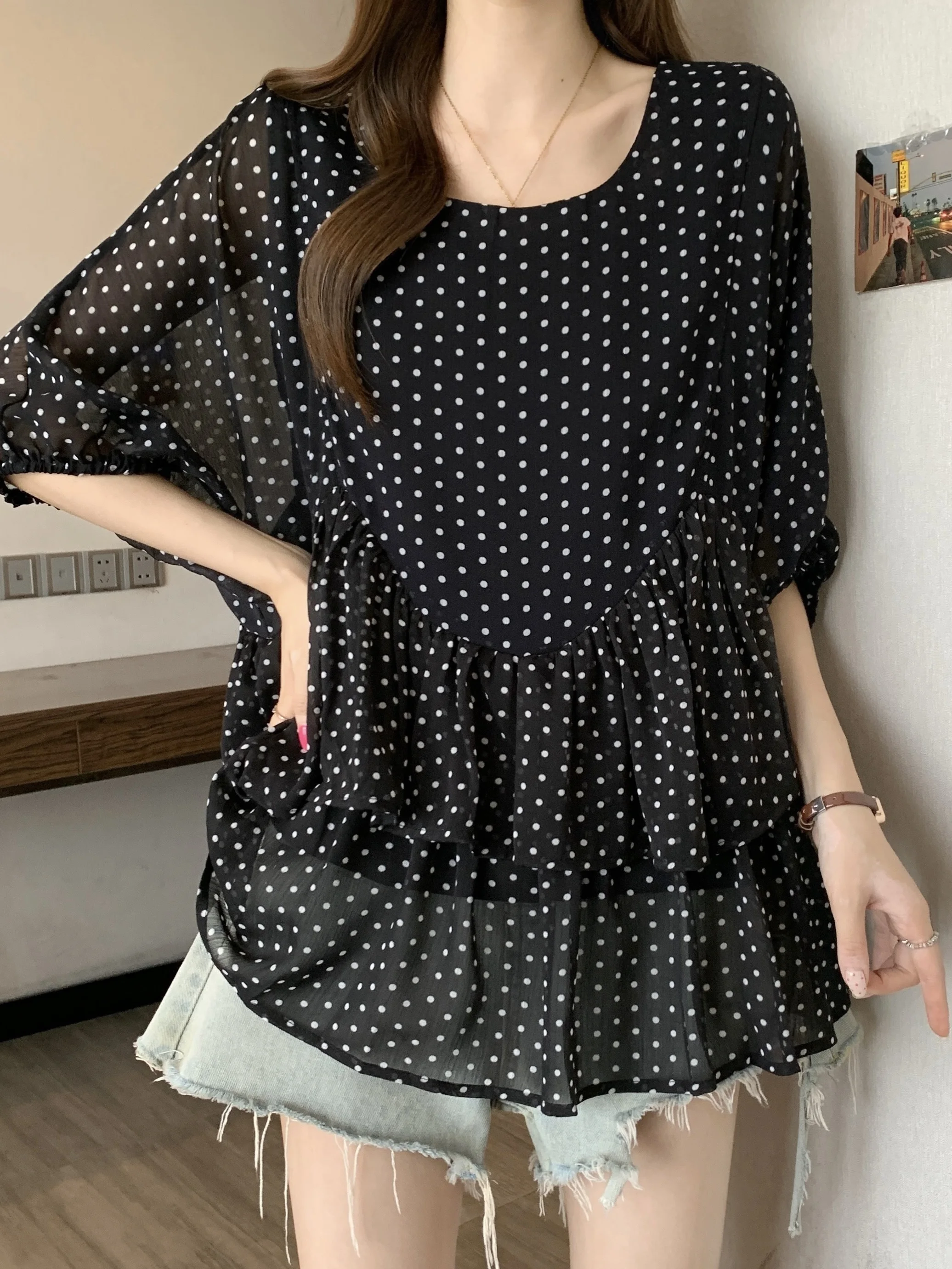 Polka Dot Short Sleeve Women's Summer New Large Size Loose Belly Covering Flounce  Top Blouse Korean Style Commute Wind