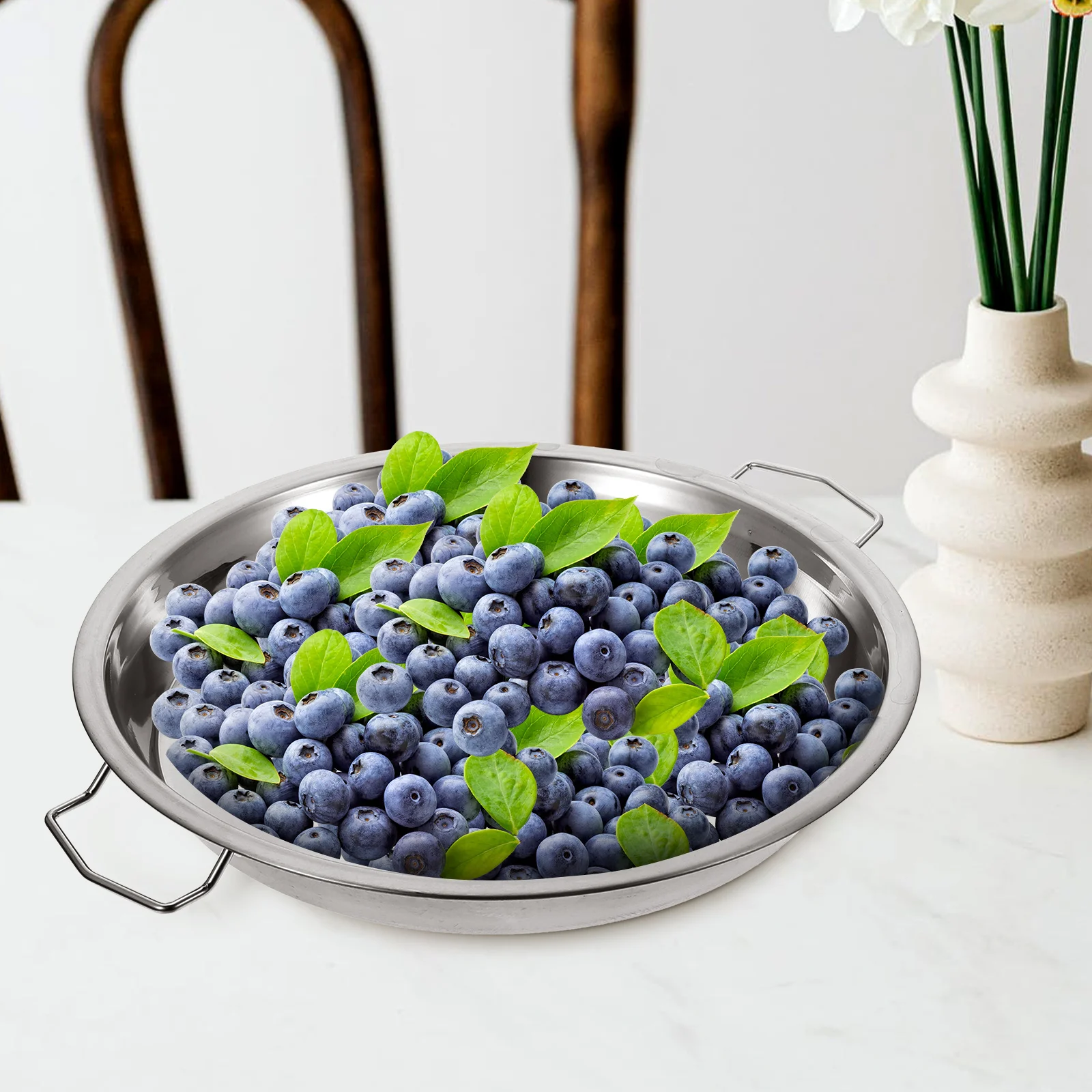 

2Pcs Double Stainless Steel Kitchen Dish Reusable Cold Noodle Cake Stainless Steel Plate Plate With Handle Cake Platter