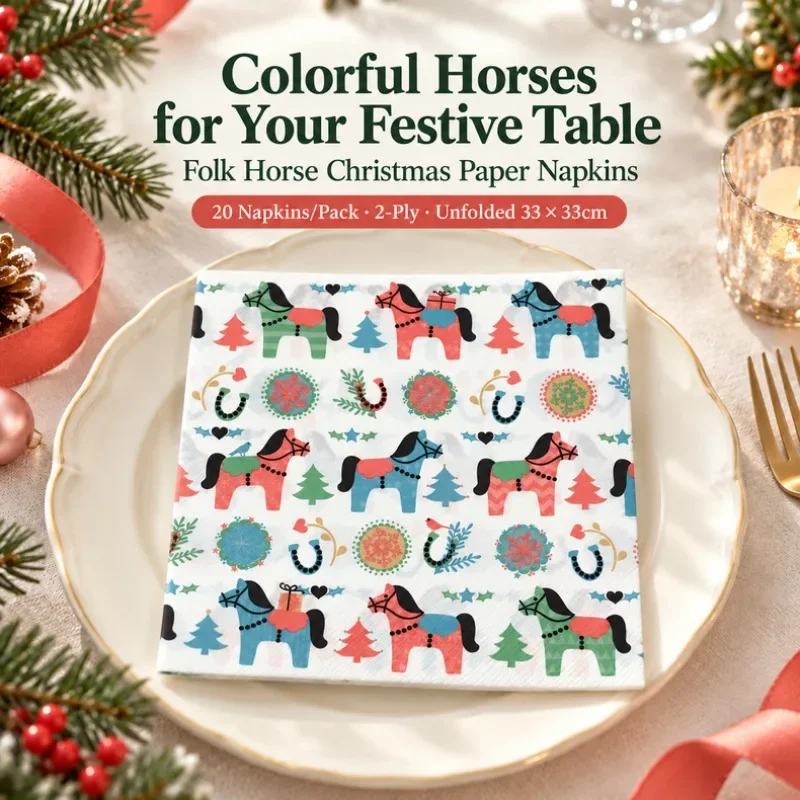 20pcs Christmas Folk Horse Paper Napkins 2-Ply 33x33cm Nordic Style Serviettes for Holiday Party Table Decor
