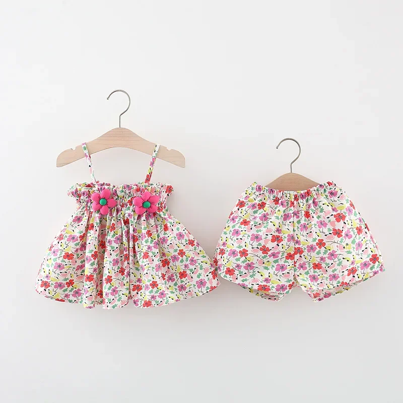 Summer New Girl Baby Set Sweet Small Flower Strap Top+Pants Two Piece Set Suitable for 0-3 Year Old Babies