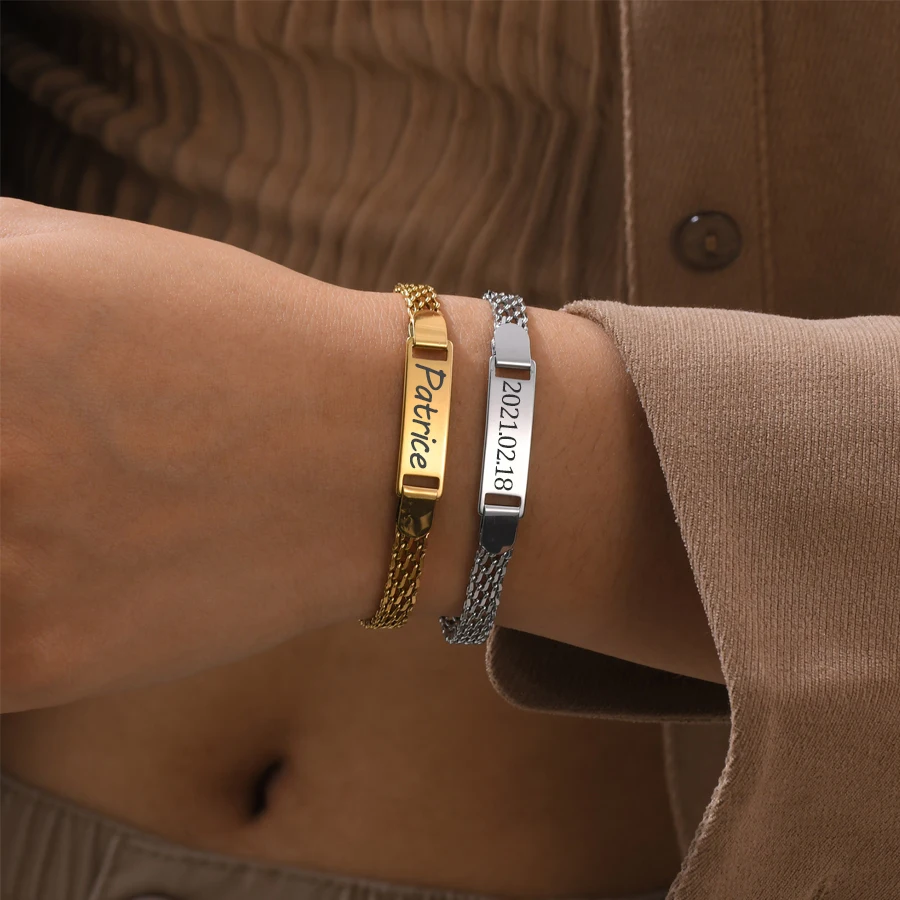 

Acheerup персонализированные браслеты с гравировкой имени и даты для женщин, новая мама, ребенок, регулируемая сетчатая цепочка из нержавеющей стали, подарок на крещение ребенка