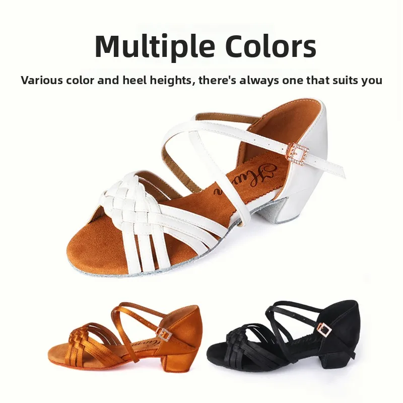 子供用ラテンダンスシューズソフトボトムレザーファー滑り止めダンスシューズ6ベルト織りラテンダンスシューズプロフェッショナル