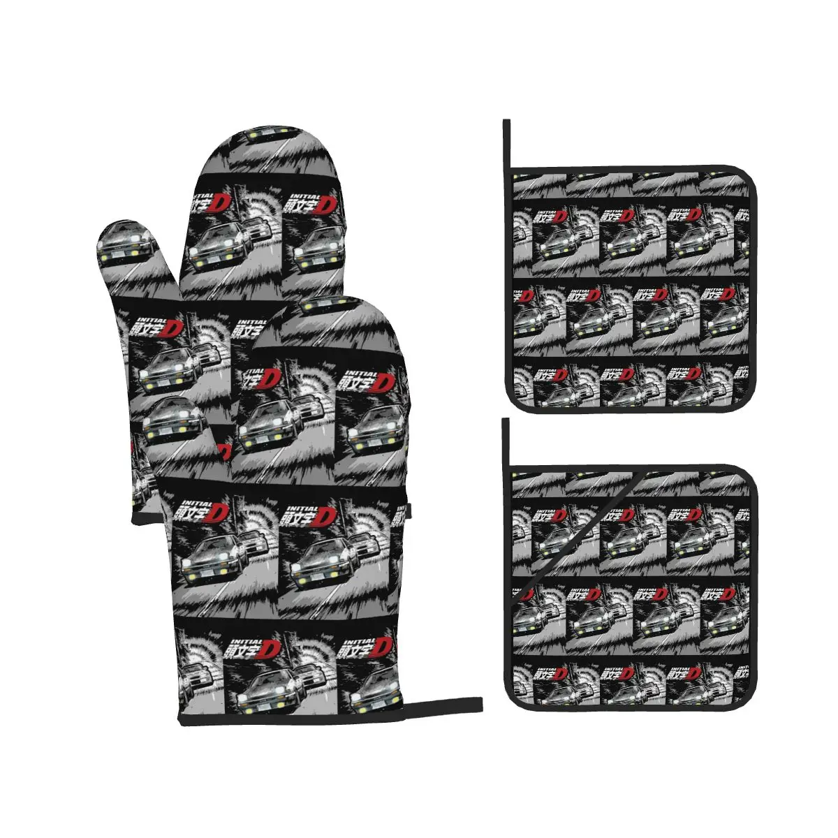 Initial D - Mountain Drift Racing AE86 Oven Mitts and Pot Holder Sets of 4 for Baking Cooking BBQ Resistant Non-Slip Gloves