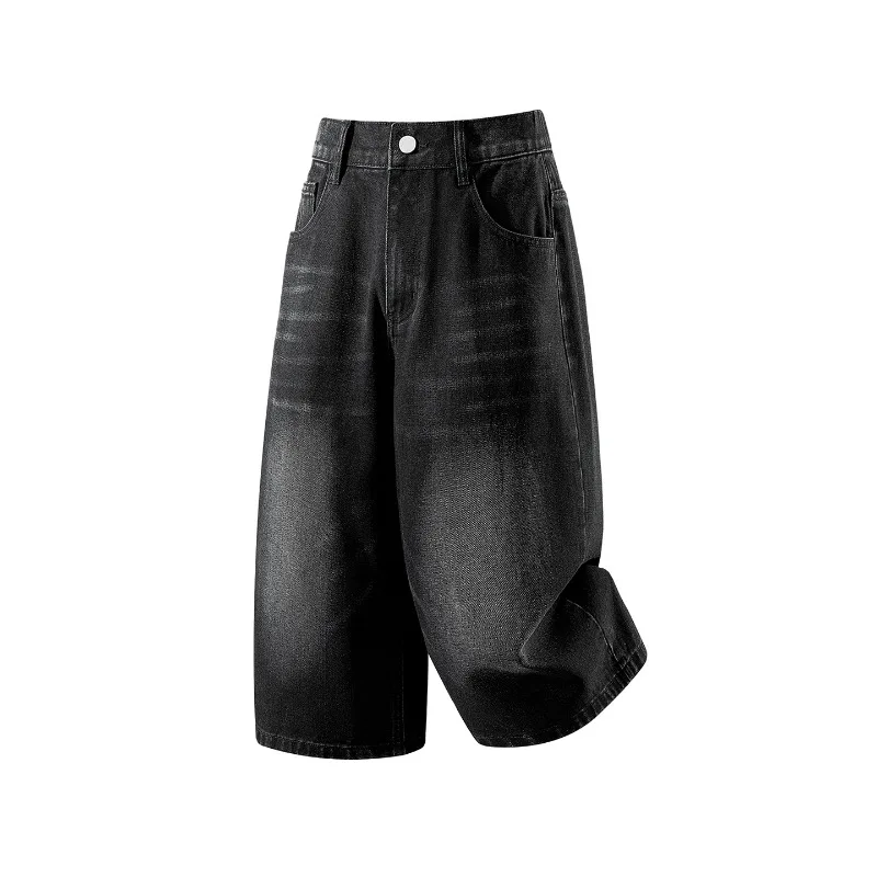 2026 New Men's Denim Cropped Pants Black Vintage Wash Korean American Style Loose Wide Leg Summer Casual Streetwear