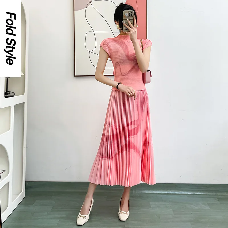 2024 Summer New Three Mansions Ruffled Fashion Slim Fit Small Shirt Flower Print High Neck Pleated Half Dress Two Piece Set