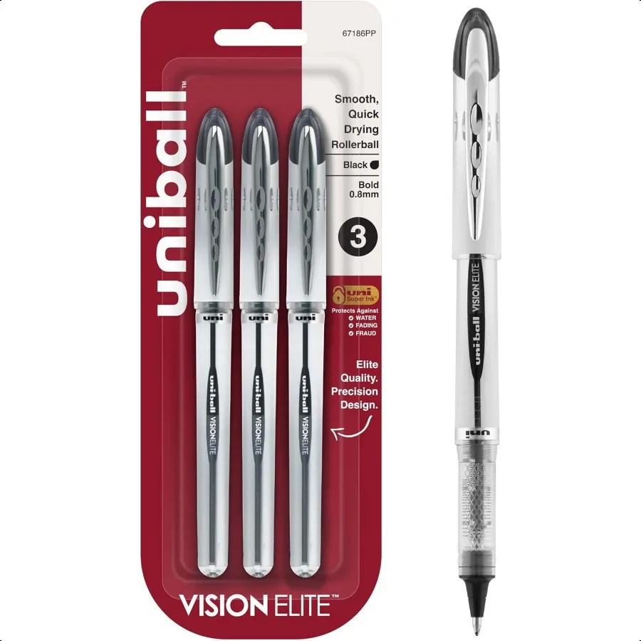 

Uniball Vision Elite Bold Rollerball Pens; Black Ink; Pack of 3; Fine Point Smooth Writing Pens; Office plies