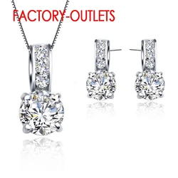 Genuine 925 Sterling Silver Bridal Jewelry Set Classic 4 Claws Crystal  Ring Crystal Pendant  Women Girls Engagement Anniversary