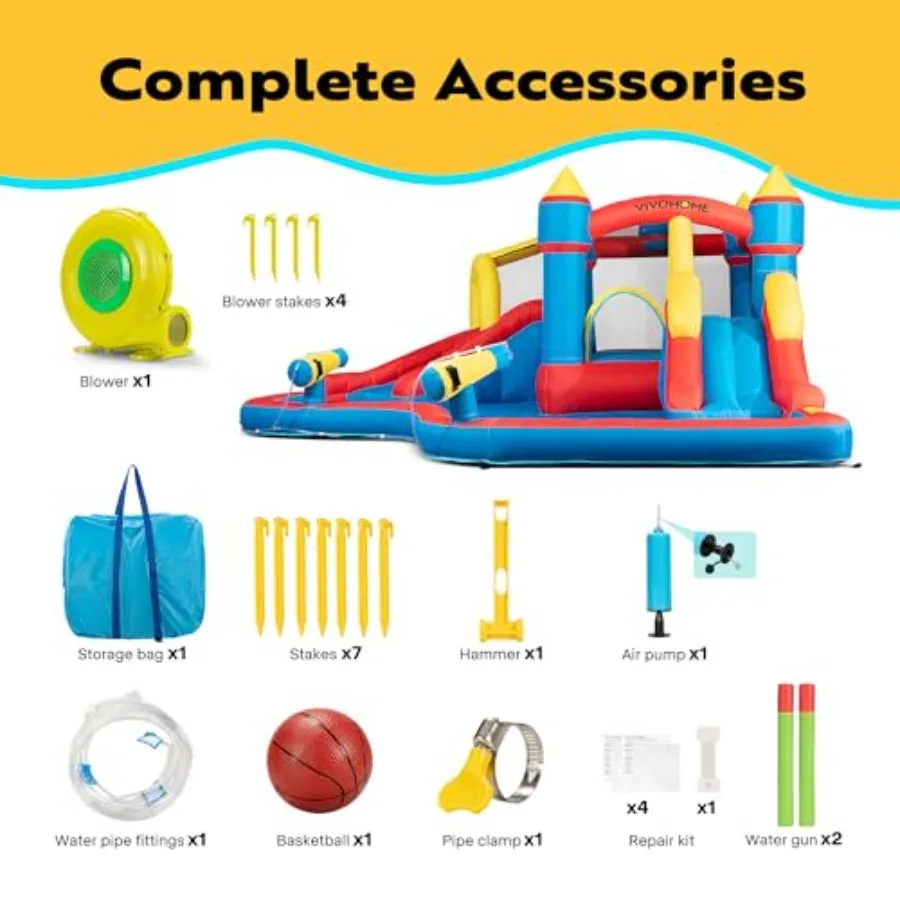 6 in 1 Bounce House for Outdoor Inflatable Bouncer 15x14 FT with Slide Basketball Climbing Sprinkler Water Pool Water