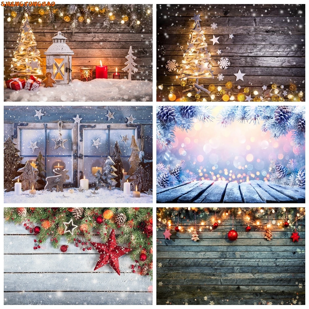 

Christmas Wooden Board Star Lights Glitter Snowflake Backdrop Pine Wreath Planks Baby Family Portrait Party Decor Background