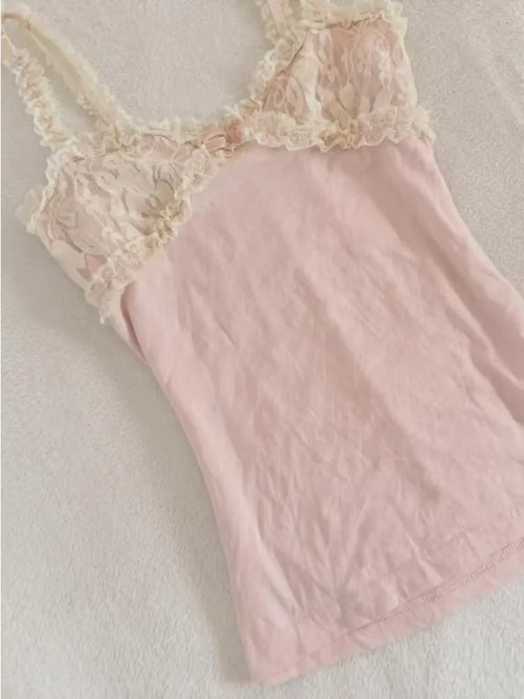 Kimotimo Sweet Lace Patchwork Camisole Vest Women Sexy Slim Fit Sleeveless Base Crop Top Summer Spicy Girl Y2k Tanks Ropa Mujer