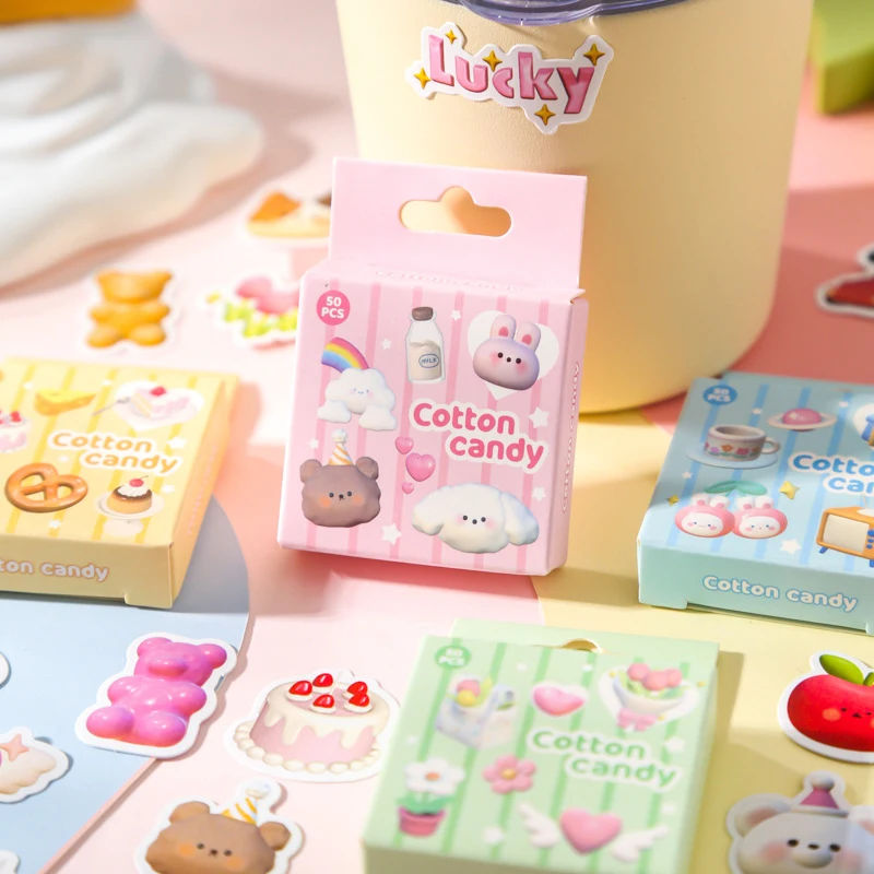 Kawaii Boxed Cotton Candy Series Adesivos, Padrão Pequeno Dos Desenhos Animados, Selo Adesivos para Diário, Decoração Conta Mão, 50 Folhas