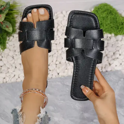 Sandali piatti da donna, pantofole slip-on alla moda estiva, design open-toe con punta quadrata, adatti per l'uso quotidiano, scarpe per la mamma, regalo per la festa della mamma
