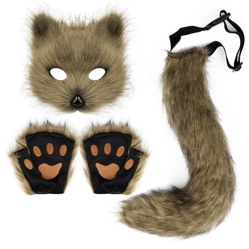New Simulation Fox Mask Cos Gloves, Plush Fox Tail Handmade Beast Tail Cosplay Prop Set