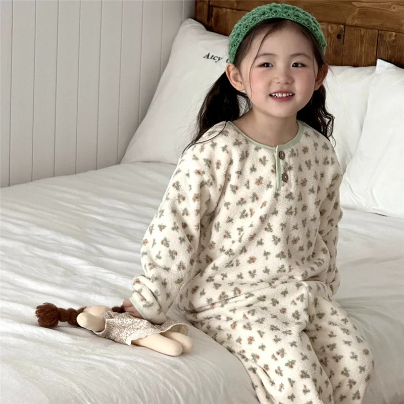 2026 Children's Fleece Clothing Sets Boys Girls Floral Print Home Suits Long Sleeve Pajamas Velvet Outfits Kids Thermal Pajamas 3