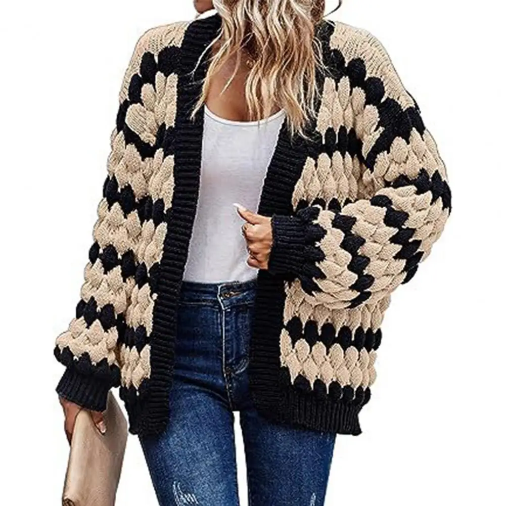 

Sweater Coat Color Matching Knitted Thick Soft Warm Lantern Sleeve Loose Open Stitch Cardigan Long Sleeve Elastic Jacket