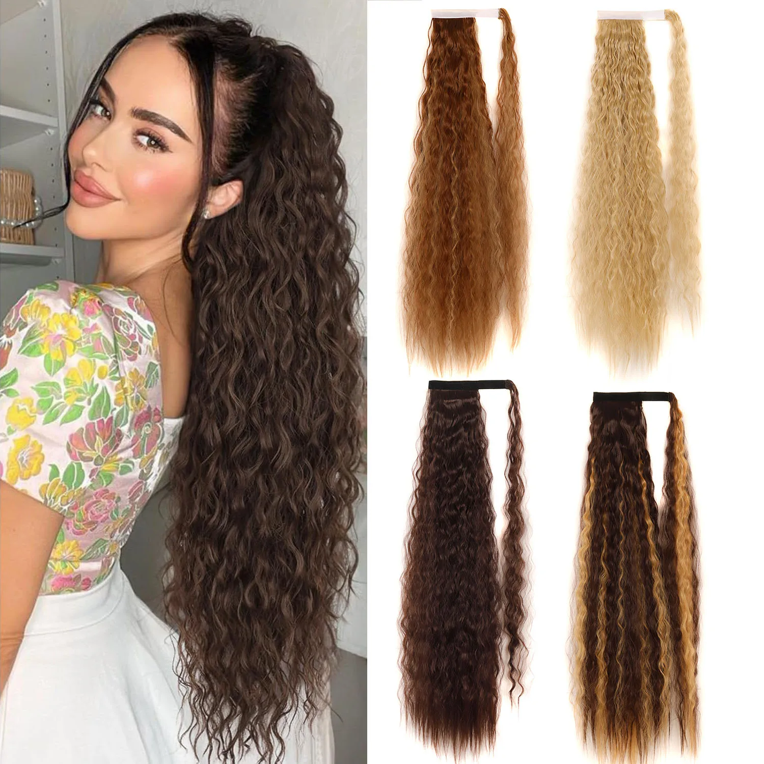 

Synthetic Ponytail Hair Extainson Longest Curly 33Inch 85cm Super Long Corn Wave Hair Pony Tail Hairpiece for Women Girls