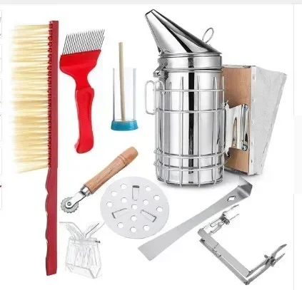 A Stainless Steel Beekeeping Bee Hive Smoker Kit Heat Shield Protection Scraper Equipment Tools Set Apiculture Accessories 8 In