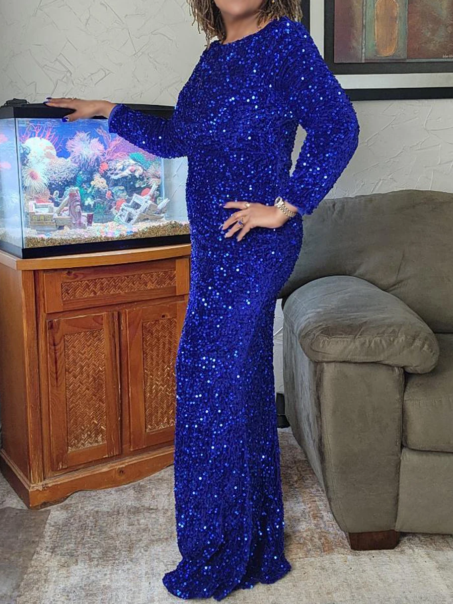 Romagic Elegant Women Modest Stretch Sequin Royal Blue Wedding Prom Gown Long Sleeves Mermaid Formal Evening Party Dress 2024