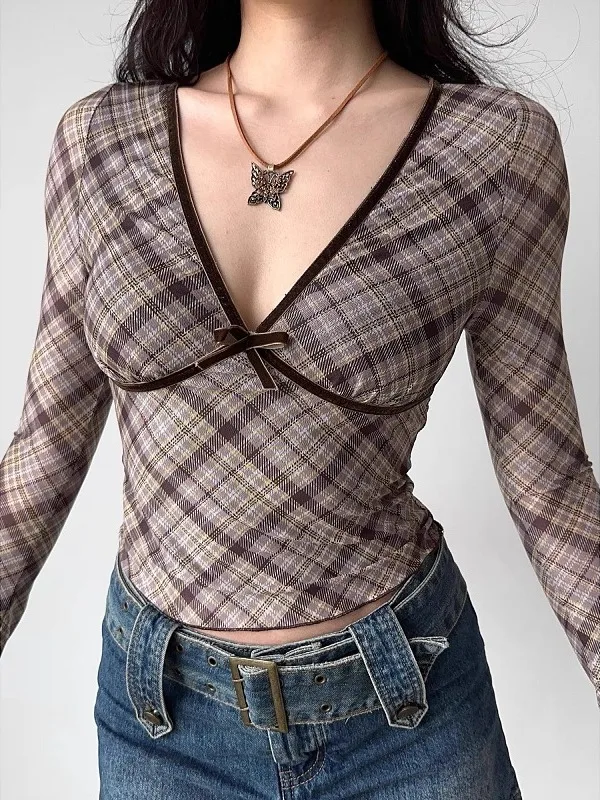 

Сексуальный облегающий топ в клетку с V-образным вырезом и длинными рукавами для полных женщин, универсальный, стройнящий, для ранней осени