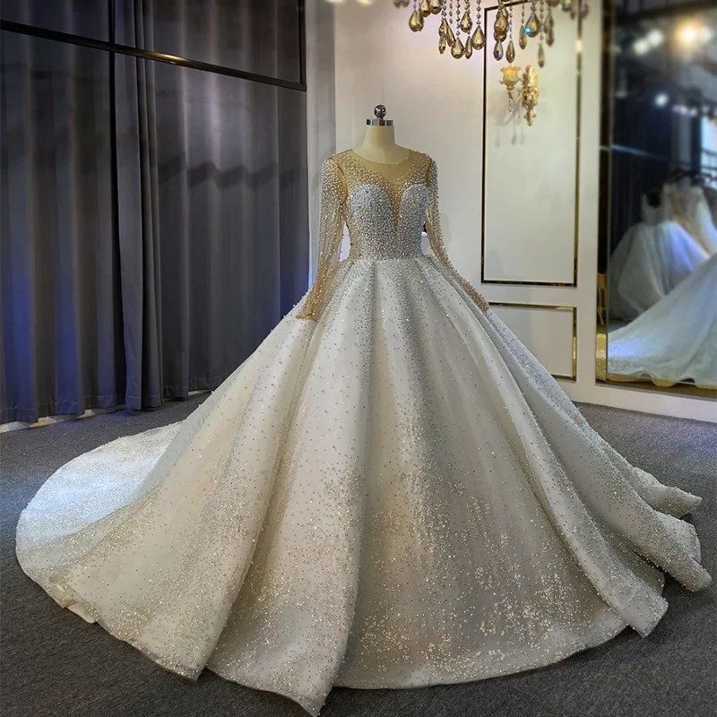Maßgeschneiderte Luxus-Perlen Sweetheart Langarm Brautkleider A-Linie Glänzender Tüll Hochzeitskleider Übergröße 2026 Vestido De Noiva – Detail 4