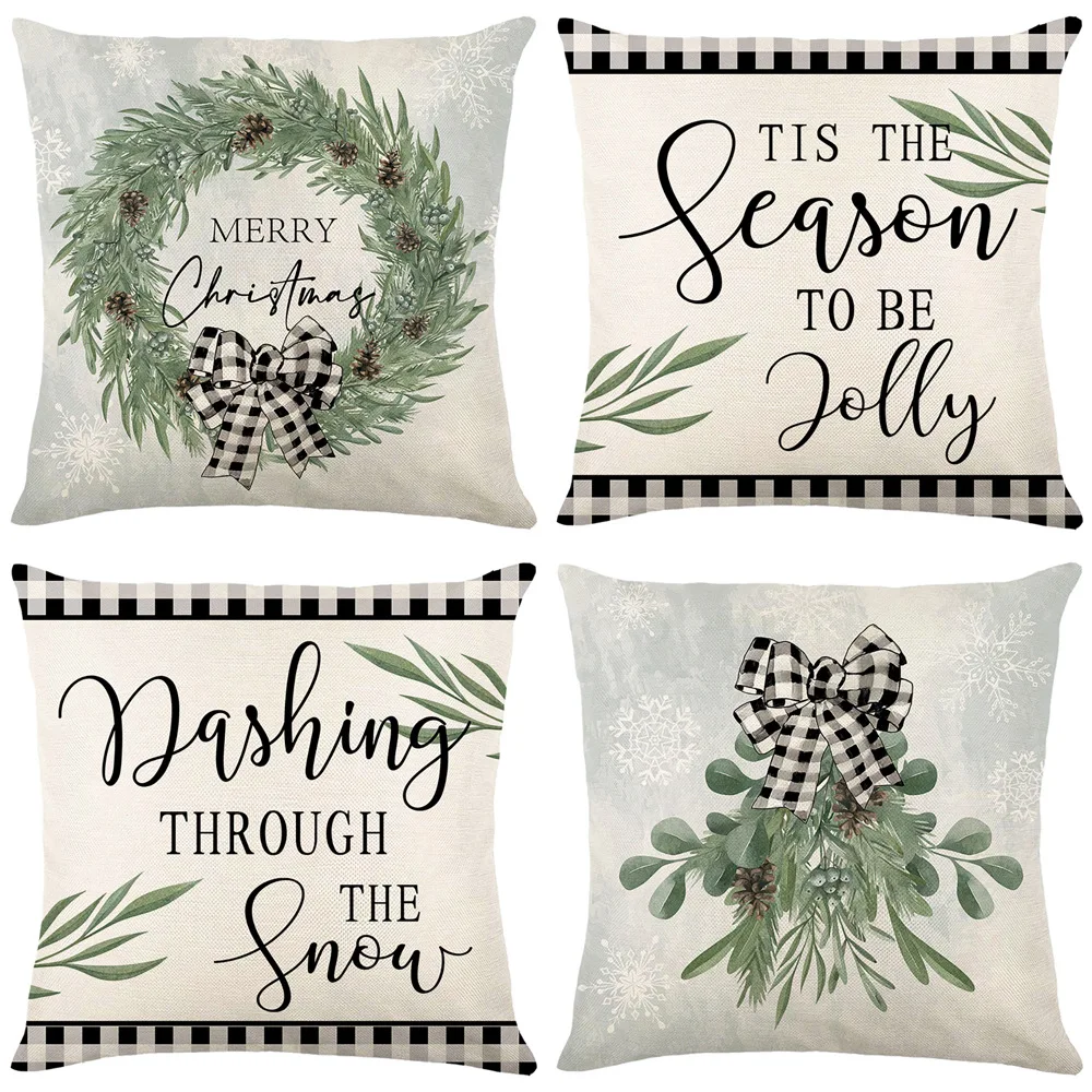 

45x45cm Christmas Pillowcase Winter Green Wreath Bowknot Letter Linen Pillow Case Ornaments New Year 2026 Sofa Car Cushion Cover