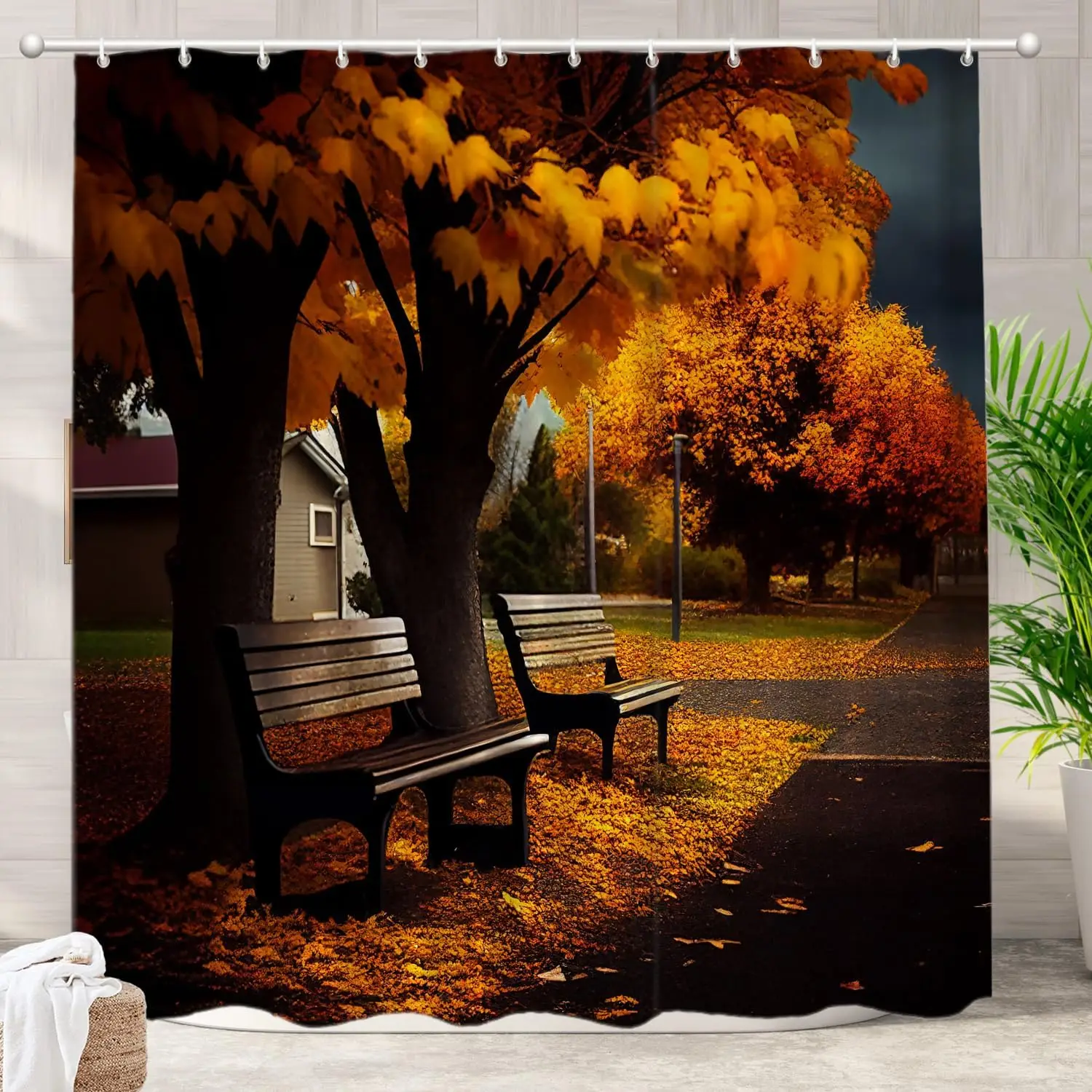 

Autumn Park Bench with Yellow Leaves Pattern Waterproof Shower Curtain 180x200cm Nature Scenery Print Bath Curtain Home Decor