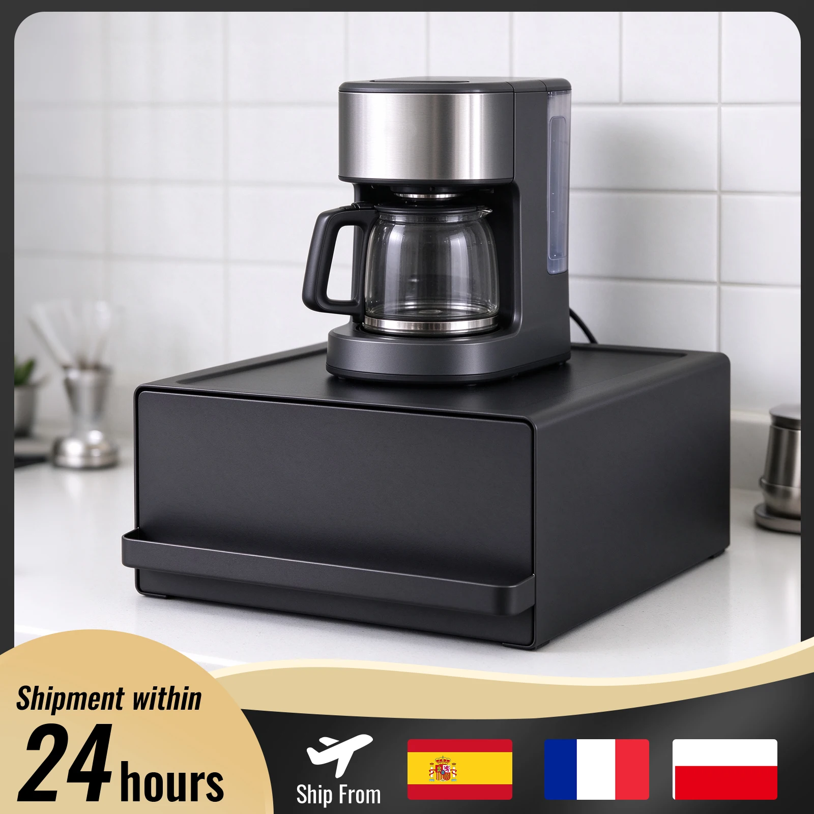 Supporto in metallo per la base di una macchina da caffè, con vano portaoggetti per bustine di tè e capsule di caffè, ideale per organizzare il piano di lavoro, il bancone del bar o il mobiletto,