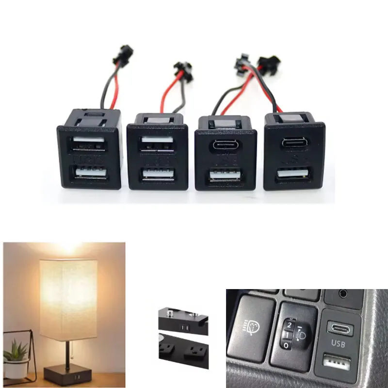 1Pcs DIY Black Double Layer Usb Female Base Type-C Socket and Female Usb Lamp Charging Socket Power Socket With Cable Connector