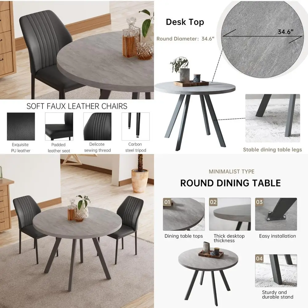 34.6 Inch Round Dining Table Set with Chairs or 2-Piece Compact Casual Coffee Table Set, Grey Table & 2 Black Chairs