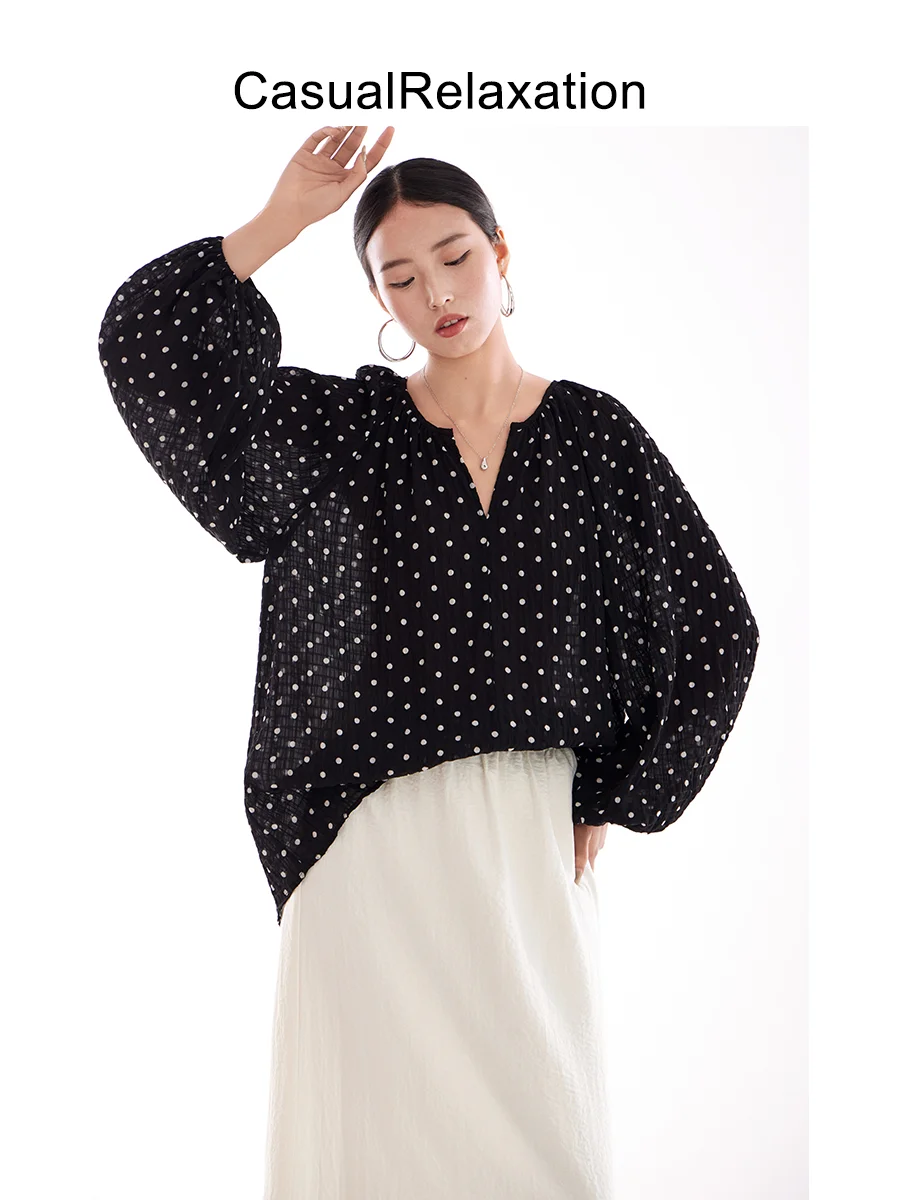 

Loose Long Sve irt Women's New Sle Spring Summer Autumn Polka Dot Cover up Bla Casual Relaxation Commute Sle