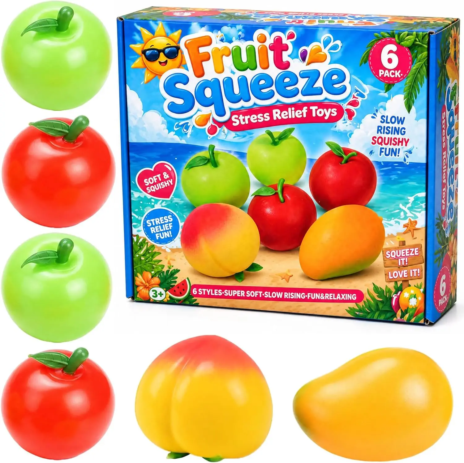6PCS Squishy Fun Box Set Anti Stress Slow Rising Sensory Toys Red Apple Green Apple Mango Peach for Adults Home Travel
