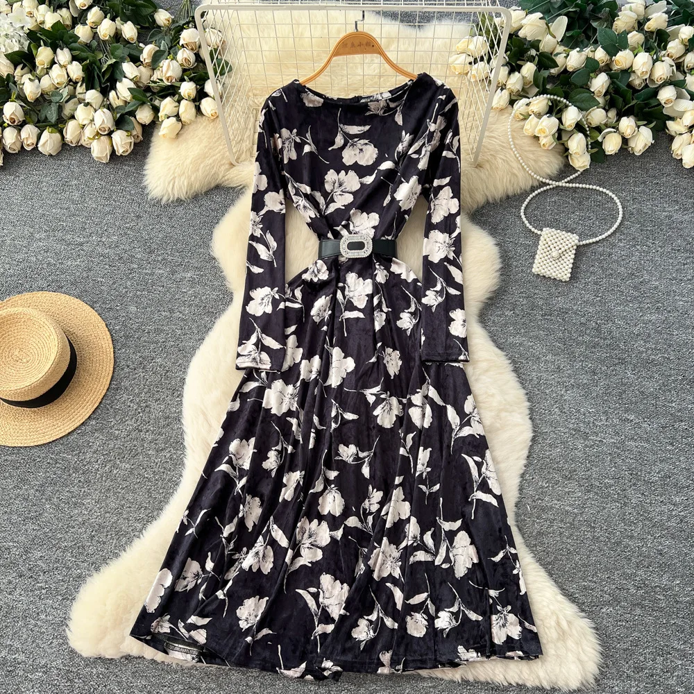 

Women Floral Print Velvet Dresses A Line Ankle Lenth Dress Long Sleeve O Neck Belted Wide Hem Loose Casual Elegant 2025 Autumn