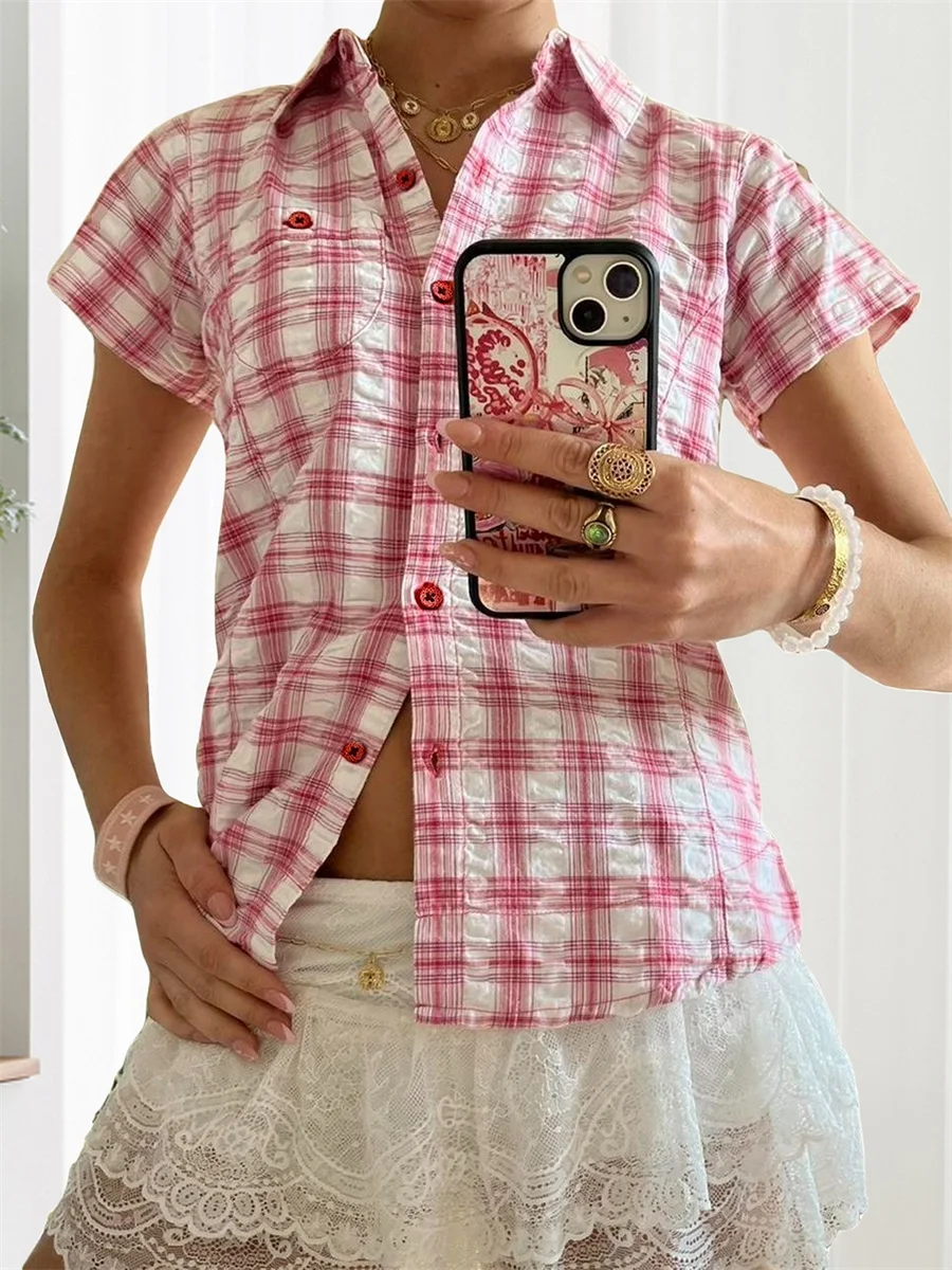 

Women s Button Down Shirt Casual Contrast Color Plaid Lapel V Neck Short Sleeve Tops for Summer