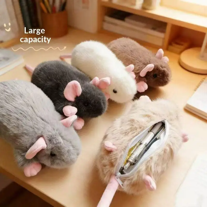 【B】Mouse Shaped Fluffy Plush Pencil Bag Large Capacity For Student School Stationery Storage