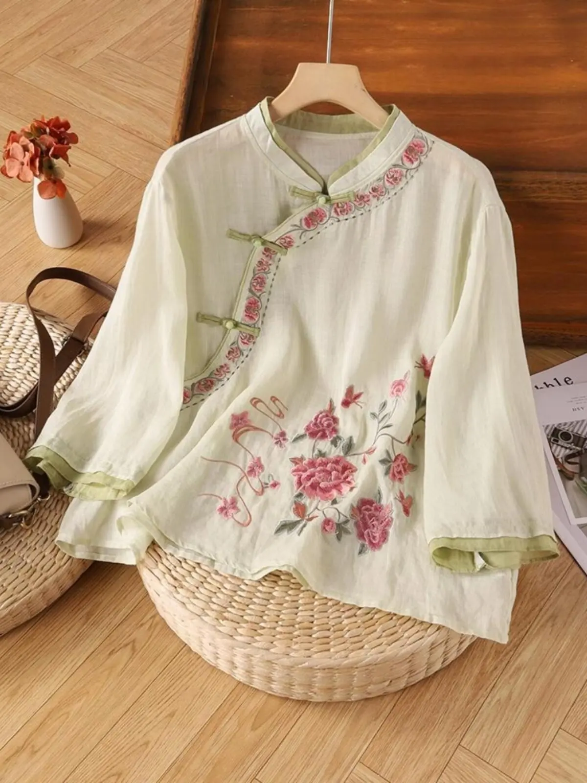 Traditional Chinese Style Summer Linen Embroidered Asymmetrical Shirt Vintage Short Sleeve Ethnic Hanfu Tops CN-234