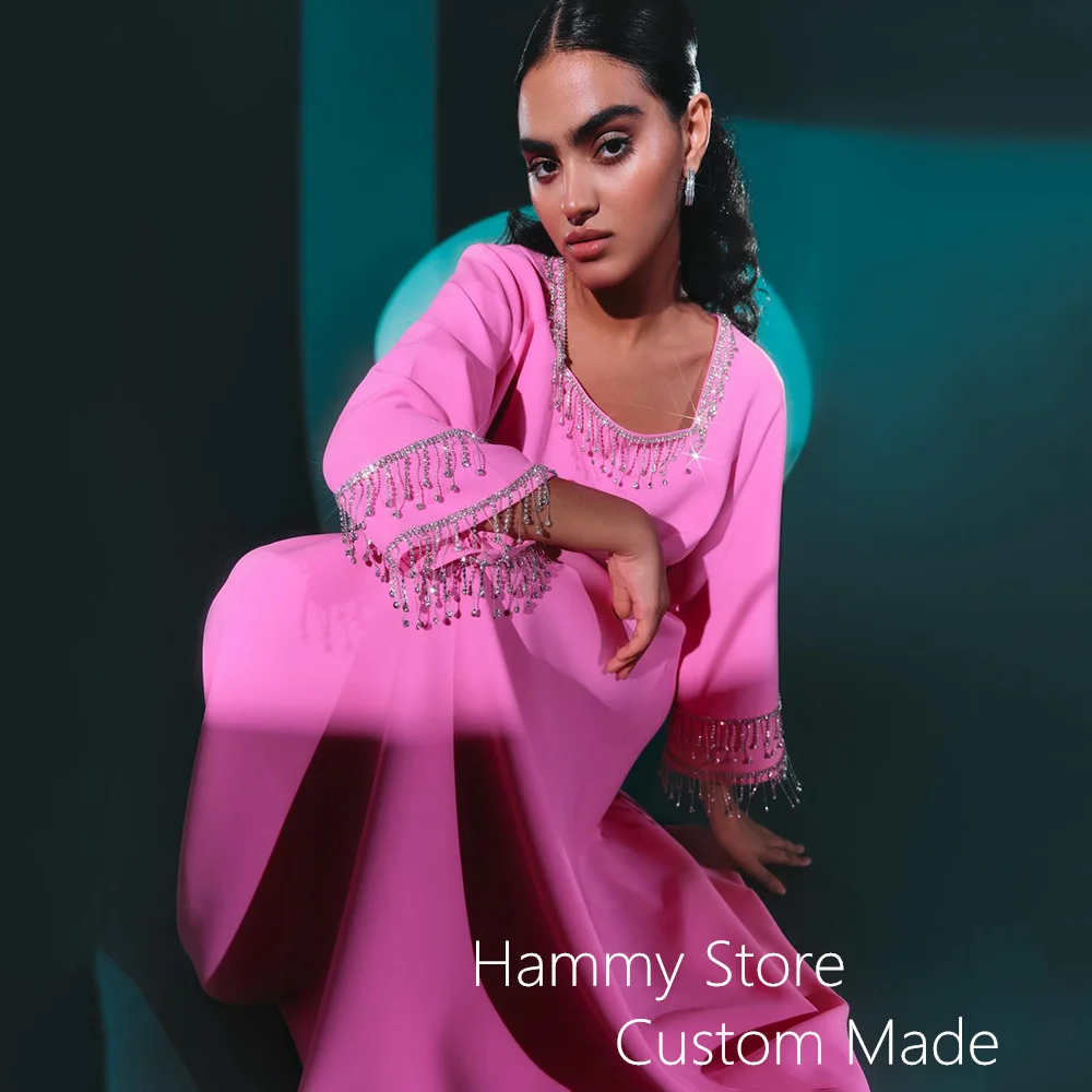 Hot Pink Abaya Prom Dress Square Neck Long Sleeves Beading Stones A Line Formal Evening Dresses Dubai Party Gown Customized