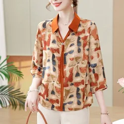 Women's Spring Summer Pullover Turn-down Collar Geometric Printing Contrast Color Chiffon Three Quarter T-shirt Commute Tops