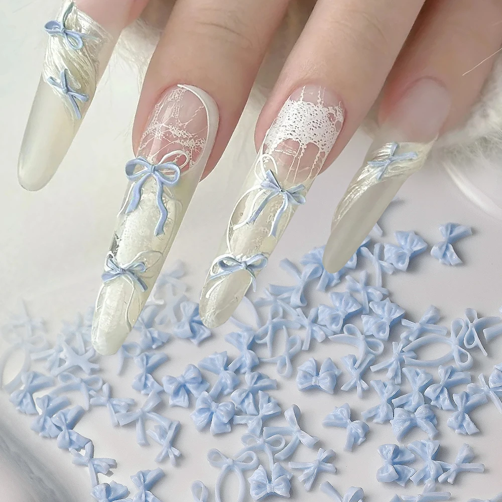 50 stuks Zoete Banden Wit/Roze/Blauw Strik 3D Nail Art Decoraties Mini Hars Boog Steentjes Lint nagel Charmes Manicure DIY