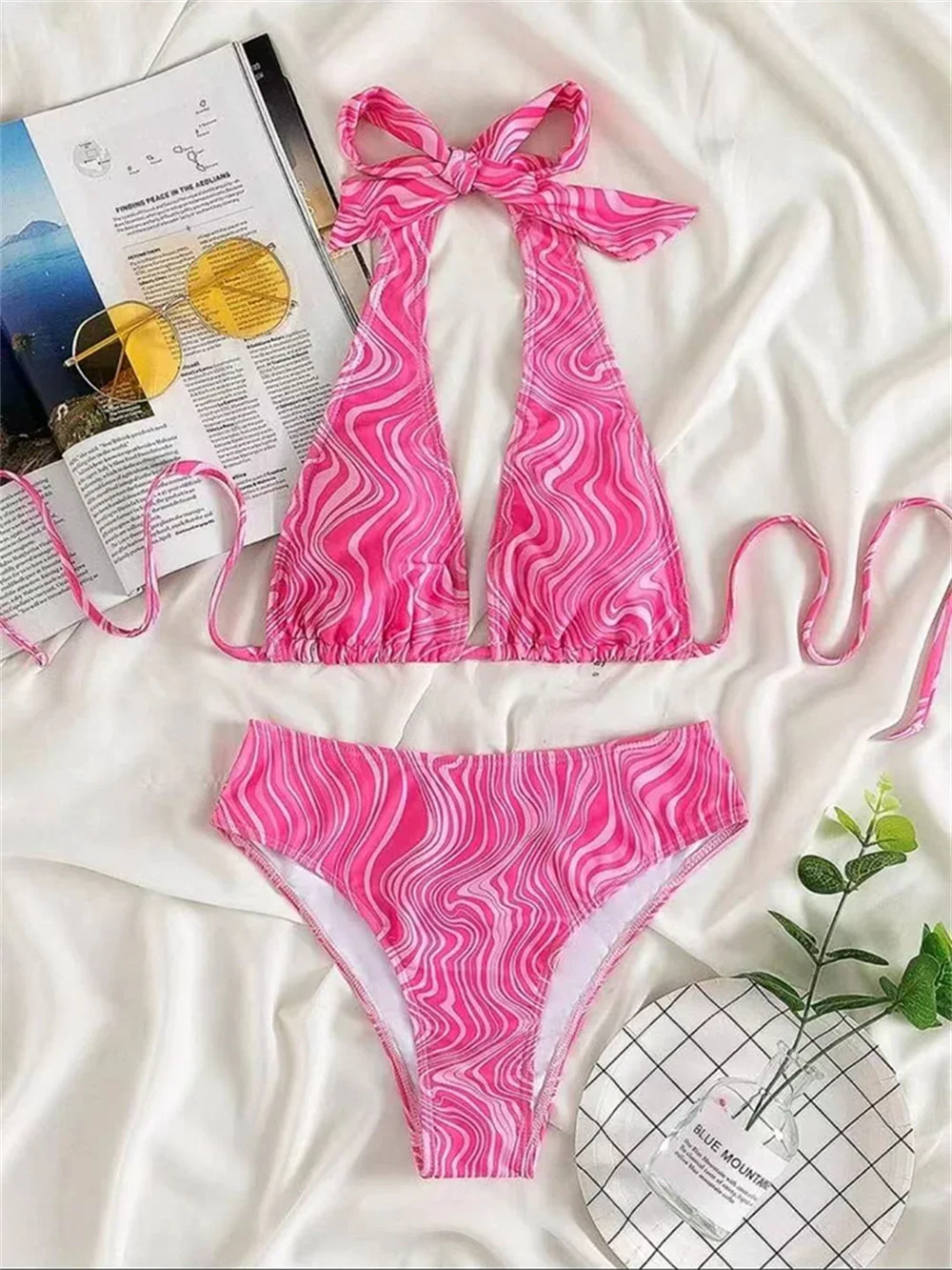 Wave Print Bikini High Waist Swimsuit Backless Halter Bandage Push Up Trend Stroje kąpielowe Kobiety Y2K Stroje kąpielowe Biquinis Feminno