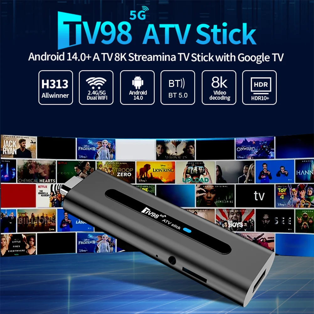 TV98 ATV H313 Android TV Stick 14,0 8K 2,4G 5G WiFi Quad Core BT5.0 Smart TV Box Smart TV Stick para reproductor multimedia de red