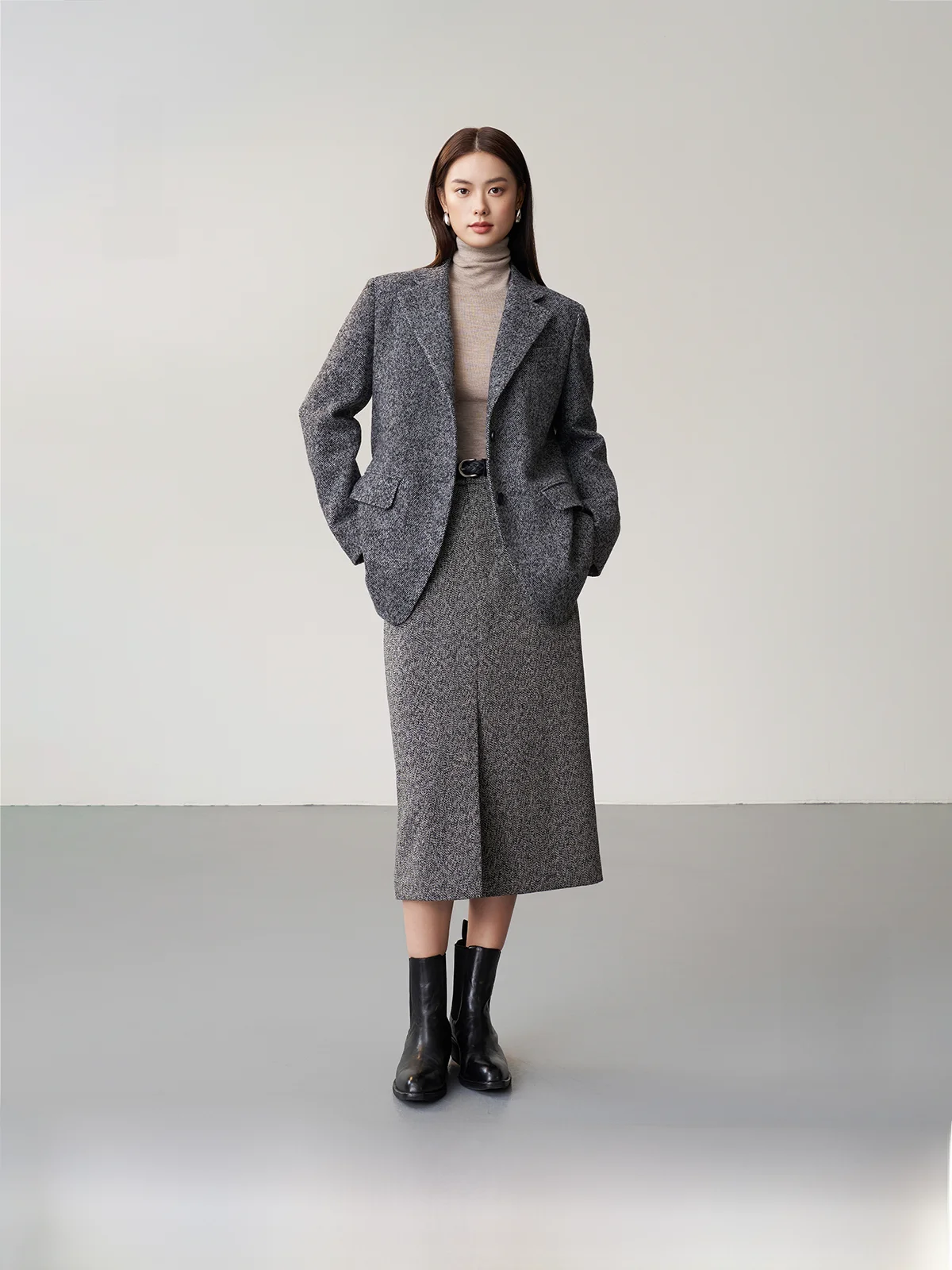 

Woolen Suit Jaet oulder Pad Flat Collar Copper Ammonia Color Woven Thiened Fabric Commute Sle Long Sve