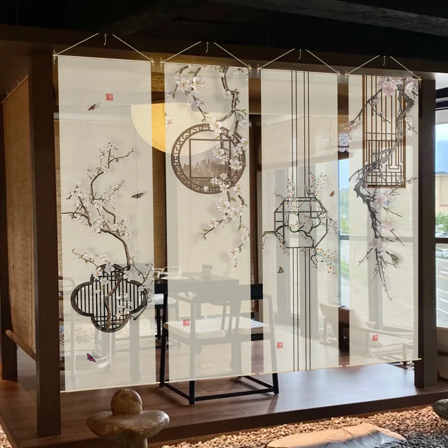 Monk Mode Room Divider – Chinese Gauze Screen, Moon Gate Plum Blossom for Ascetic Lifestyle, Tea Ceremony & Meditation Space
