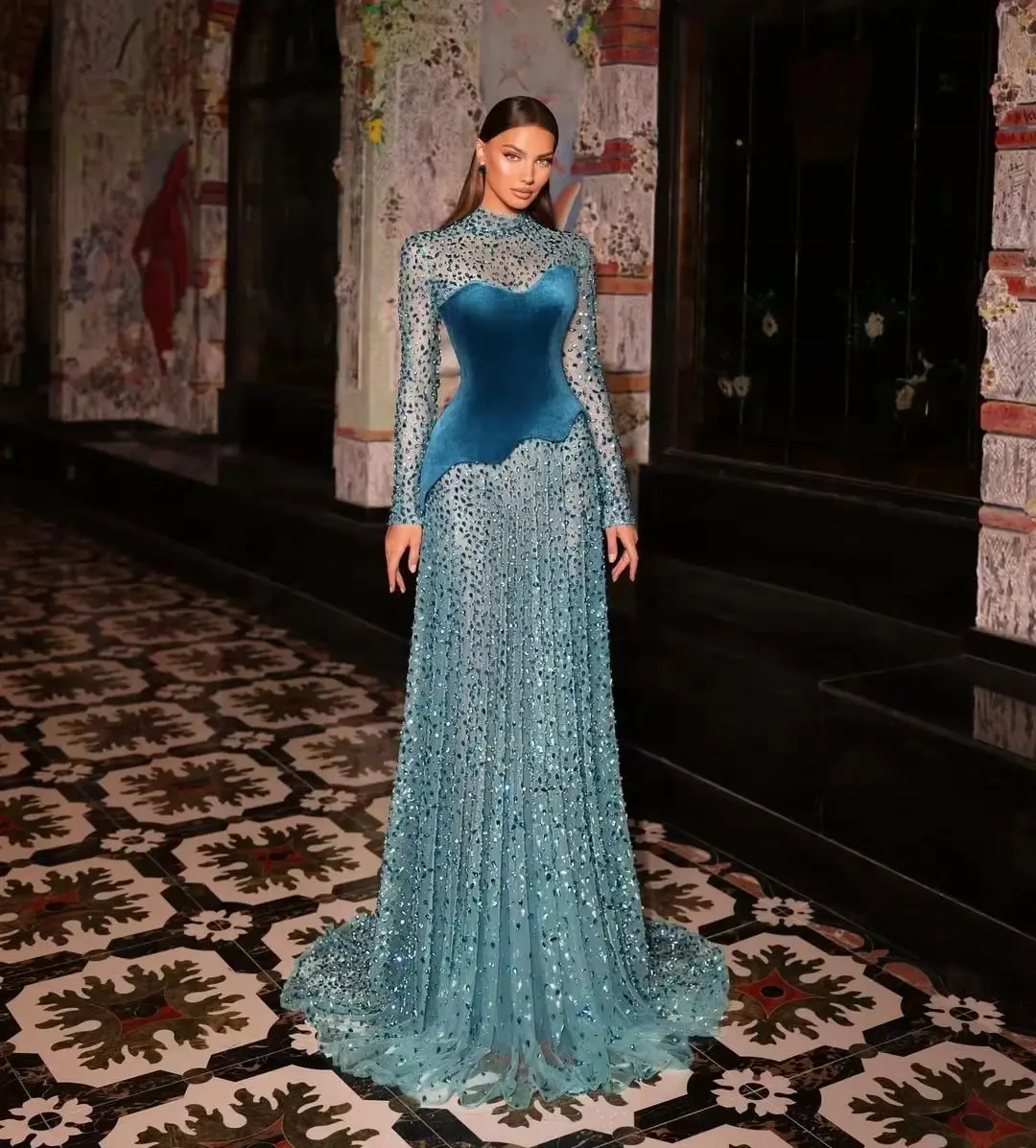 

Customized Luxury Teal High Neck Evening Dress Prom Gown Long Sleeve Mermaid Formal Party Dress With Velvet Corset Rhinestones