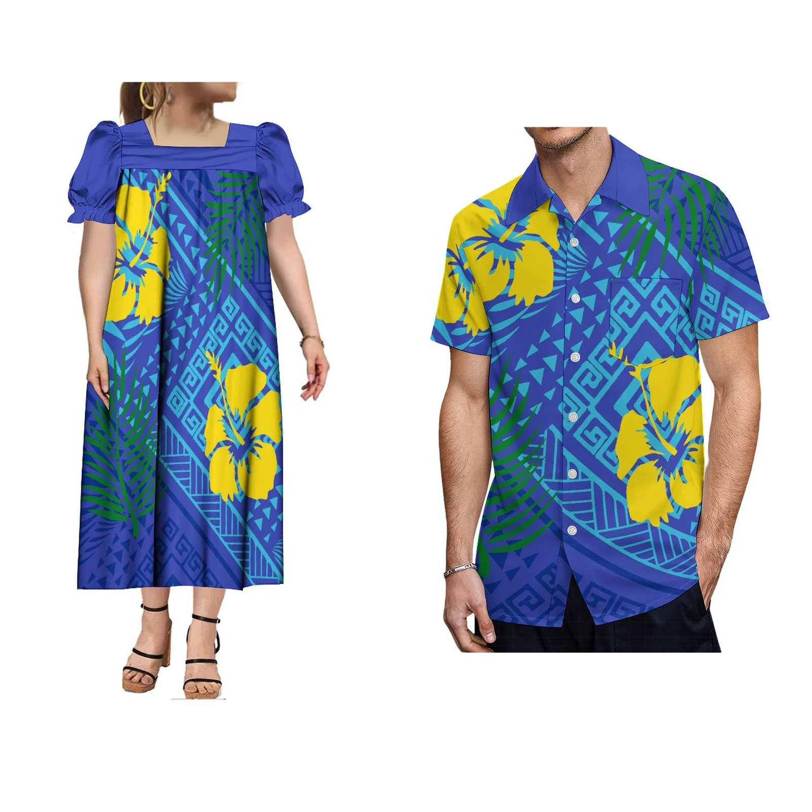 

2024 MUMU Microsia Hawaiian Dress Polynesian Style Custom Design And Hawaiian Men's Shirt Couple Suit