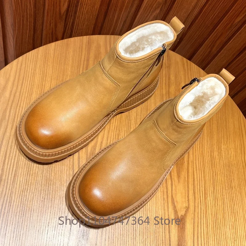 Men Winter Genuine Leather Snow Boots Male Wool Fur Lined Warm Ankle Boots Side Zipper Thick Sole Non‑Slip Casual Chelsea Boots