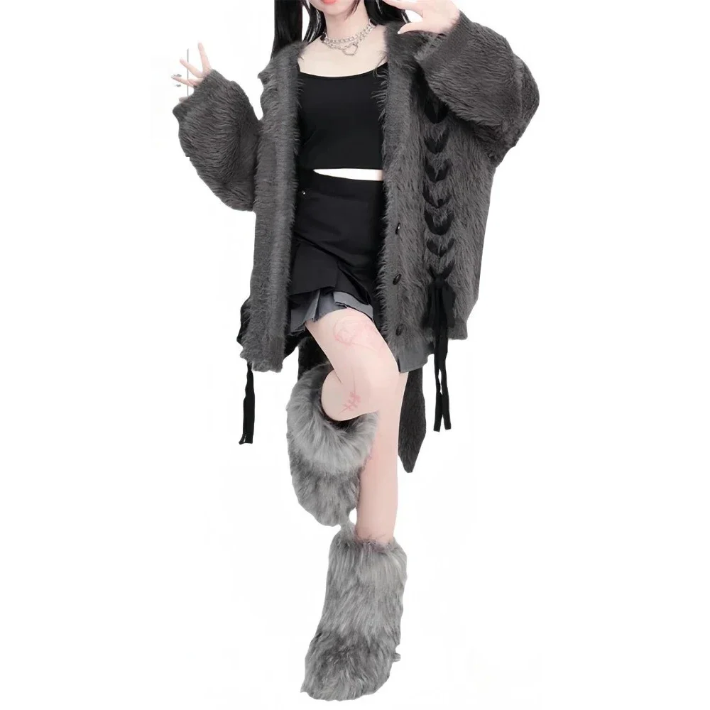 Kawaii Y2k estetyczny śliczny uszy królika sweter z kapturem Harajuku wróżka bandaż Grunge płaszcze Streetwear kobiety puszysty sweter płaszcz